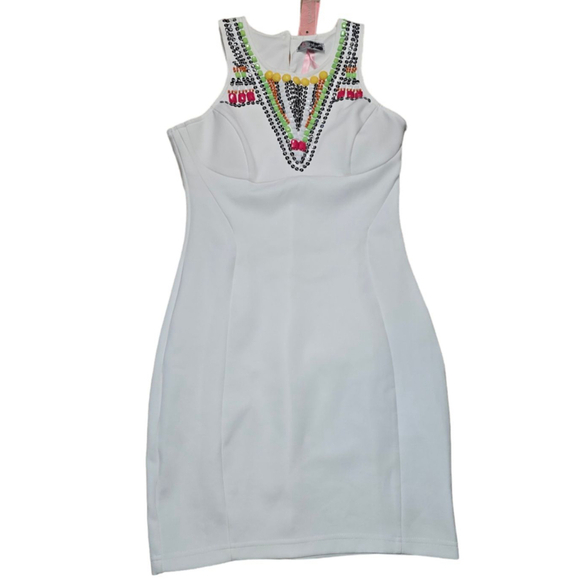 Women's Lipsy London Dress White Beaded Neon Multi Bodycon Fitted US 8 - Picture 1 of 10